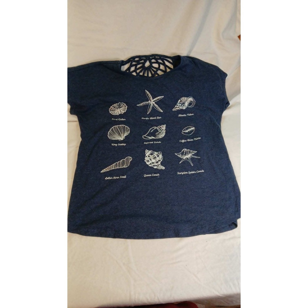 Island Shores Navy Blue Seashell Glitter Graphic Top Cutout Back Medium